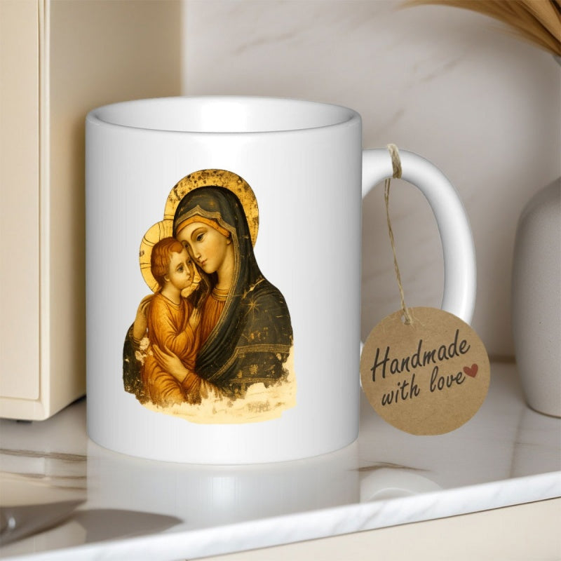 Tailorly White Ceramic 11 oz Mug - Sacred Mother Holding Divine Infant With Golden Halos And Classical Religious Detailing Madonna