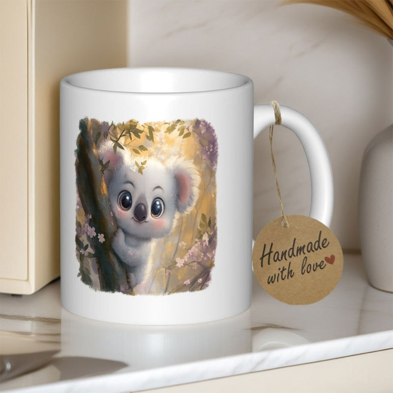 Tailorly White Ceramic 11 oz Mug - Adorable Small Koala Clinging To Tree Trunk Under Warm Golden Sunlit Forest Koala