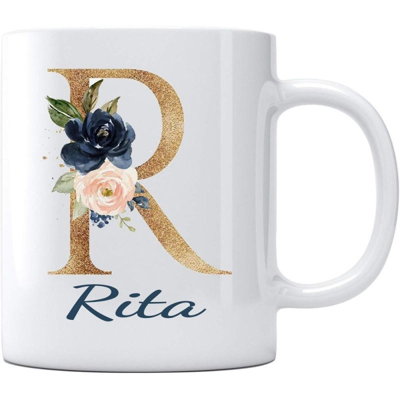 Tailorly White Ceramic 11 oz Mug - Rita Golden Textured Letter R Decorated With Elegant Navy And Pink Rose