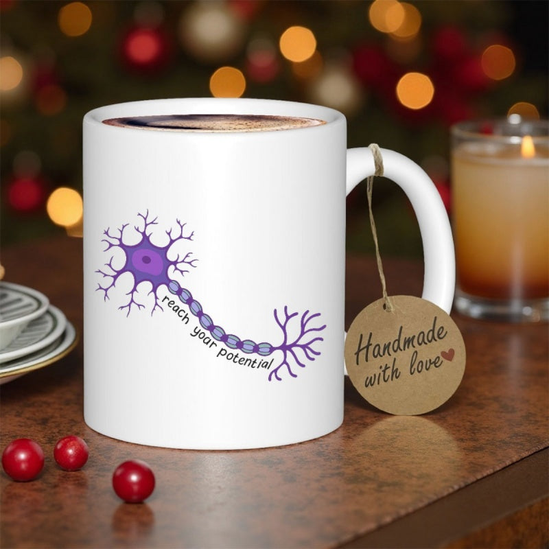 Tailorly White Ceramic 11 oz Mug - Reach Your Potential Stylized Purple Biological Nerve Cell With Axons And Dendrites Neuron