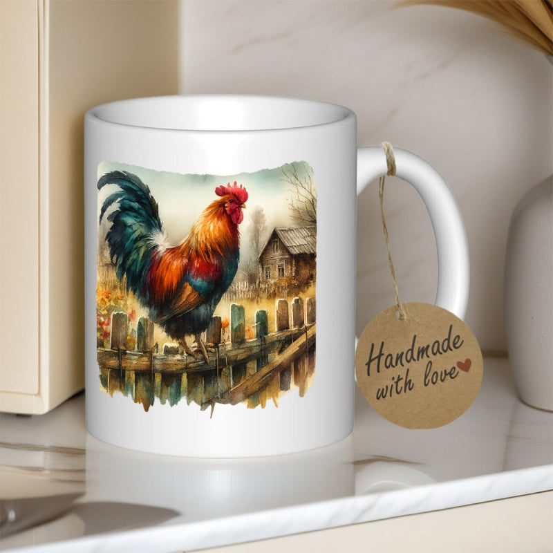 Tailorly White Ceramic 11 oz Mug - Handmade With Love Colorful Feathers Standing On Wooden Fence Before A Rustic Country Farmhouse Rooster