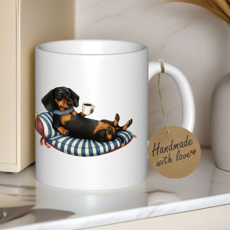 Tailorly White Ceramic 11 oz Mug - Adorable Relaxing Dog On Striped Pillow Holding A Small Coffee Mug Dachshund