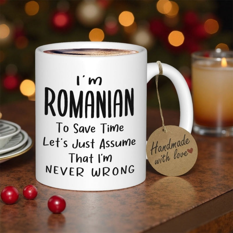 Tailorly White Ceramic 11 oz Mug - Im Romanian To Save Time Lets Just Assume That Im Never Wrong Minimalist White Ceramic Vessel With Bold Black Lettering