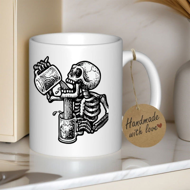 Tailorly White Ceramic 11 oz Mug - Drinking Beer With Intricate Black Line Art Details On Vintage Style Skeleton