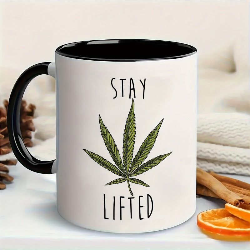 Tailorly Black Accent 11 oz Mug - 1pc 11oz ceramic mug with leaf design motivational quote white coffee tea cup with black handle botanical theme gift