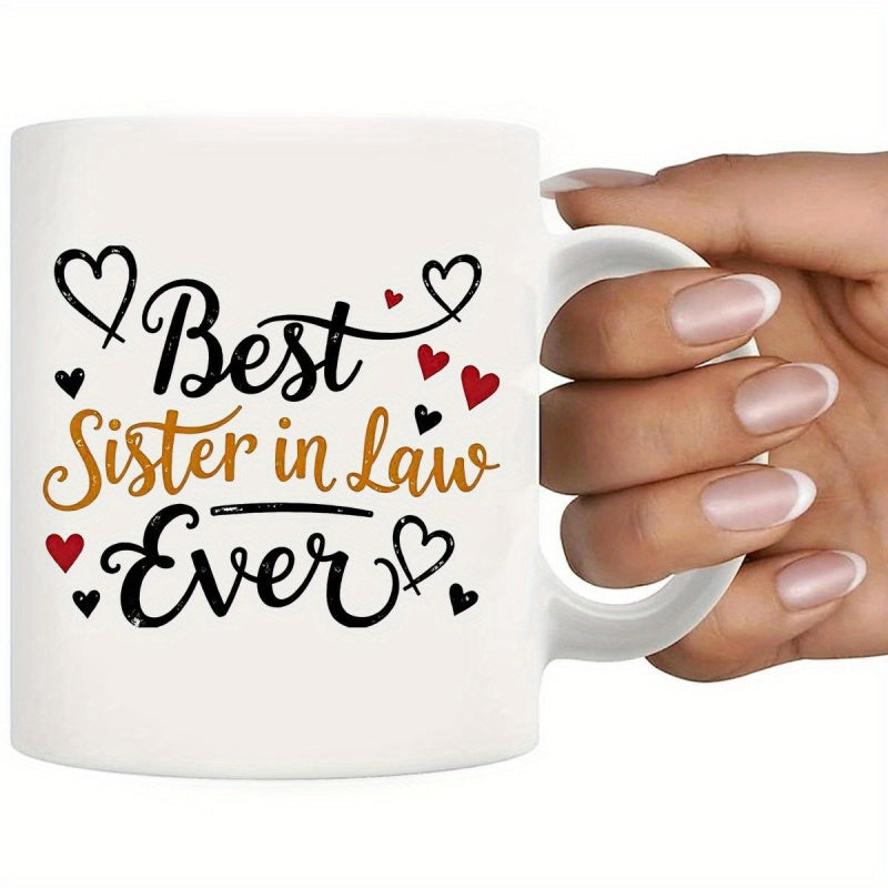 Tailorly White Ceramic 11 oz Mug - Best Sister In Law Ever Elegant Black And Red Decorative Hearts Scattered Around Cursive Heart