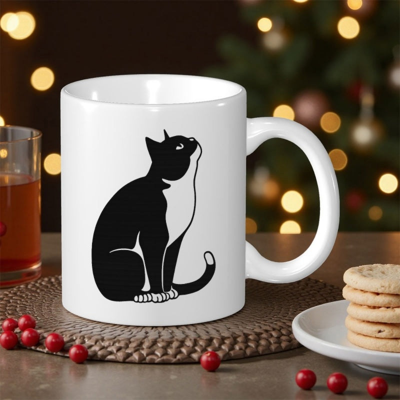 Tailorly White Ceramic 11 oz Mug - Minimalist Black And White Tuxedo Silhouette Sitting And Looking Upward Calm Cat