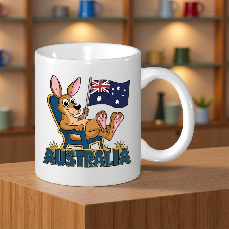 Tailorly White Ceramic 11 oz Mug - Australia Cheerful Cartoon Animal Relaxing On Beach Chair Holding Small National Flag Kangaroo