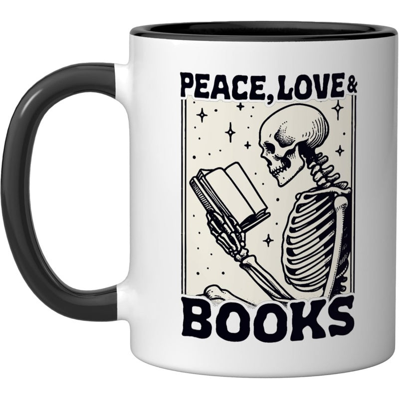 Tailorly Black Accent 11 oz Mug - skeleton reading book with heart shaped handle