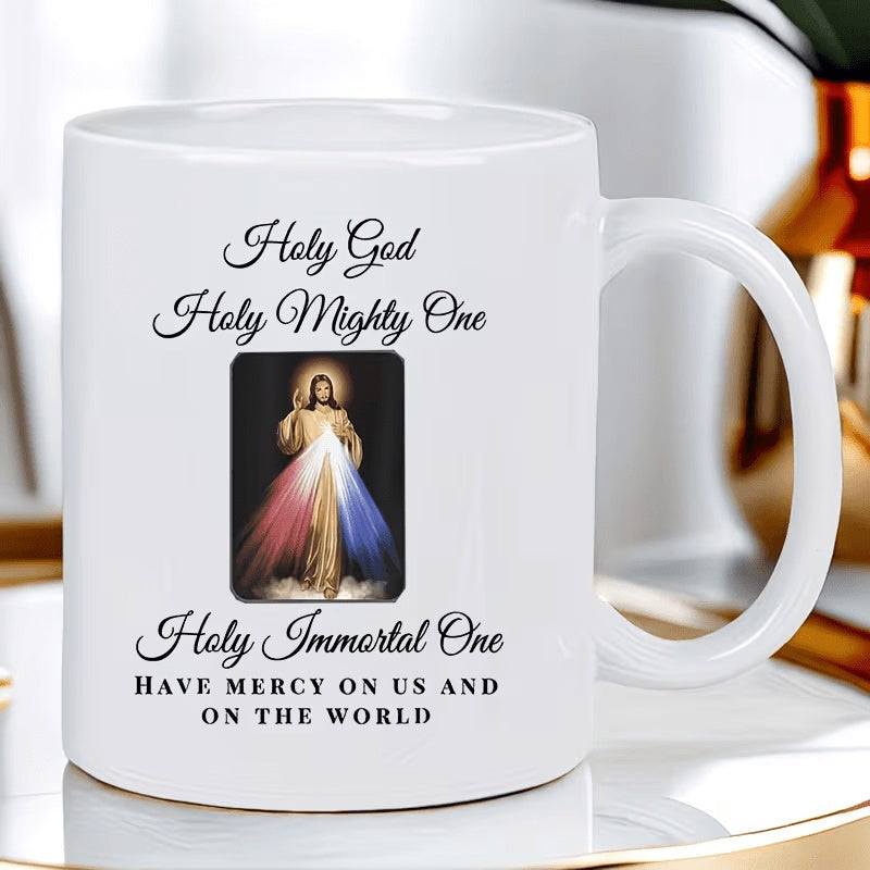 Tailorly White Ceramic 11 oz Mug - Holy God Holy Mighty One Holy Immortal One Have Mercy On Us And On The World Sacred Religious Art With Radiant Light Rays