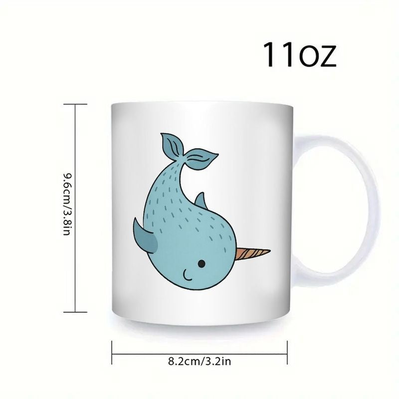 Tailorly White Ceramic 11 oz Mug - Cute Blue Cartoon Narwhal Swimming With A Striped Tusk In Minimalist Style Narwhal