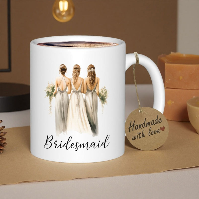 Tailorly White Ceramic 11 oz Mug - Bridesmaid Three Elegant Ladies In White Gowns Holding Beautiful Flower Bouquets Bridesmaids