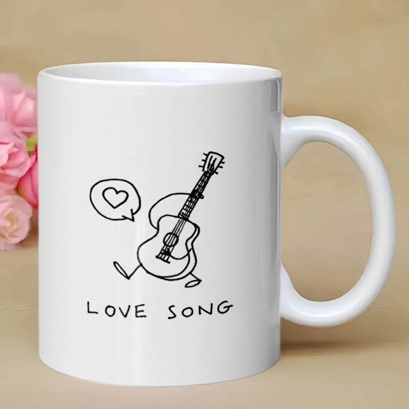 Tailorly White Ceramic 11 oz Mug - Love Song Minimalist Line Drawing Of An Animated Walking Acoustic Instrument With Heart Guitar