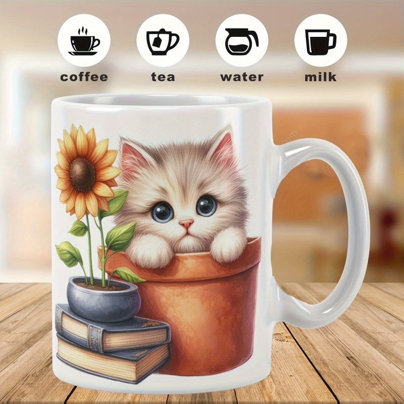 Tailorly White Ceramic 11 oz Mug - Coffee Tea Water Milk Adorable Fluffy Feline Resting Inside Terracotta Pot Beside Radiant Sunflower Kitten