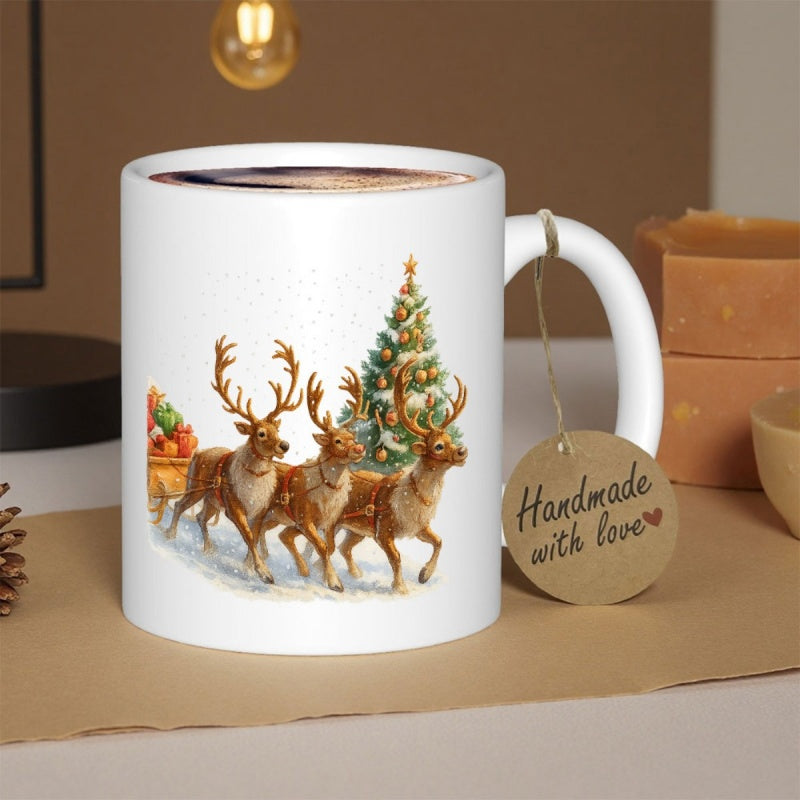 Tailorly White Ceramic 11 oz Mug - Majestic Reindeer Moving Gracefully Through Snow Beside A Glowing Festive Tree Reindeer