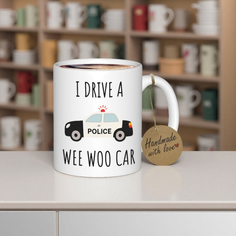 Tailorly White Ceramic 11 oz Mug - I Drive A Police Wee Woo Car Minimalist Cartoon Style Emergency Vehicle With Flashing Red Light Siren Car