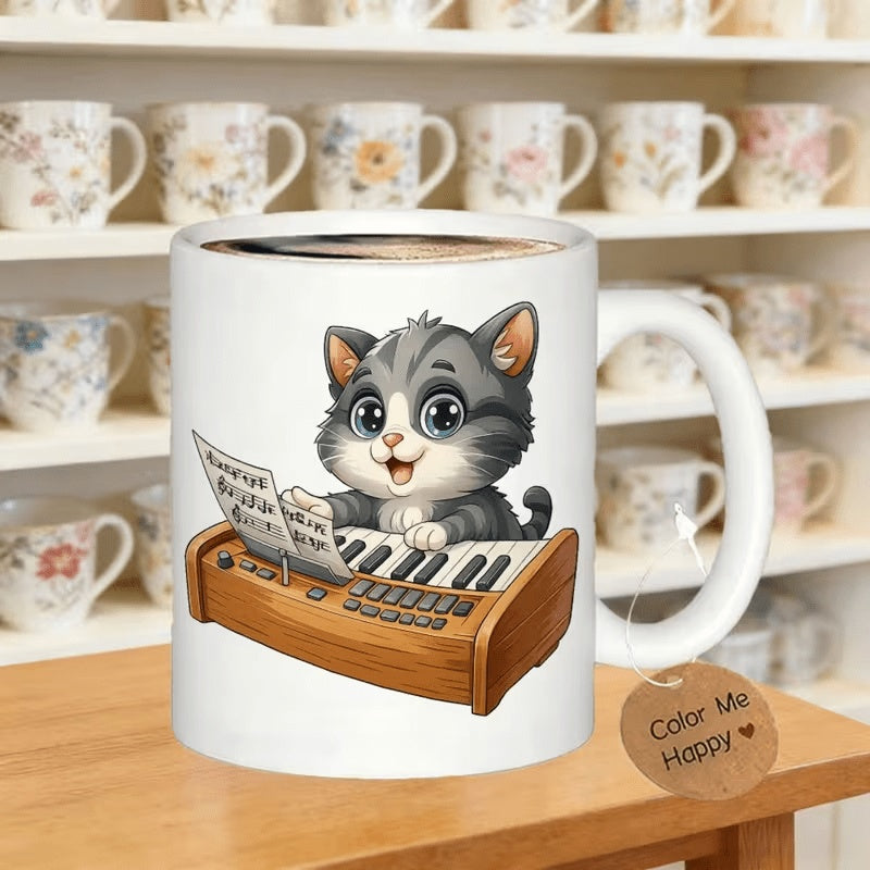 Tailorly White Ceramic 11 oz Mug - Color Me Happy Gray Tabby Kitten Playing On A Small Wooden Piano Keyboard Kitten