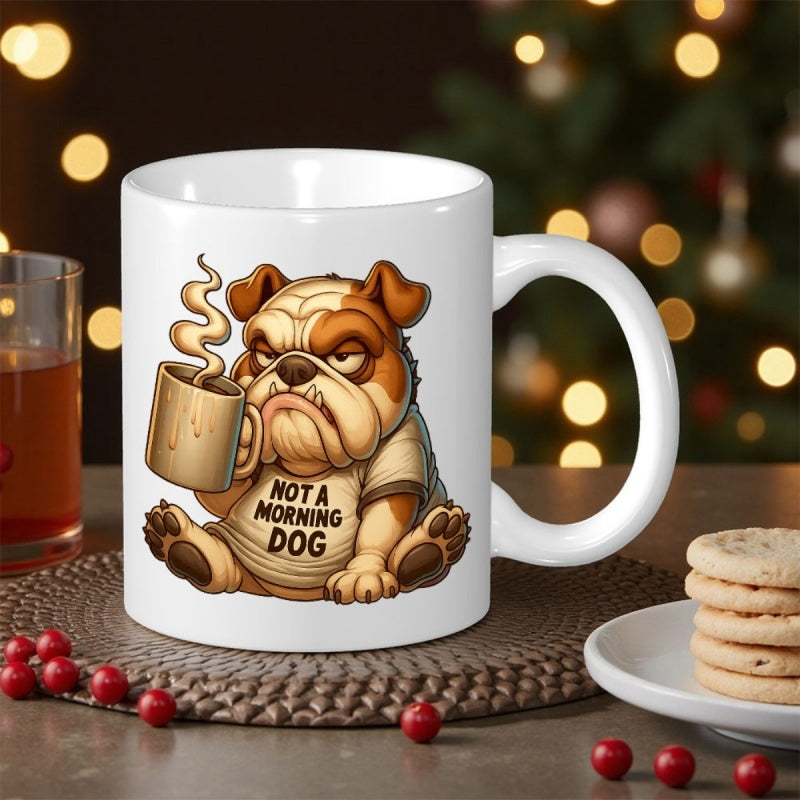 Tailorly White Ceramic 11 oz Mug - Not A Morning Dog Grumpy Brown Bulldog Holding Steaming Cup Of Hot Coffee Sitting Bulldog