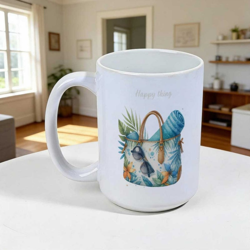 Tailorly White Ceramic 11 oz Mug - Happy Day Tropical Summer Theme With Sunglasses And Lush Green Leaves Bag