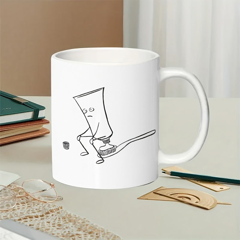 Tailorly White Ceramic 11 oz Mug - Minimalist Line Art Depicting A Sad Cartoon Tube Sitting On A Toothbrush
