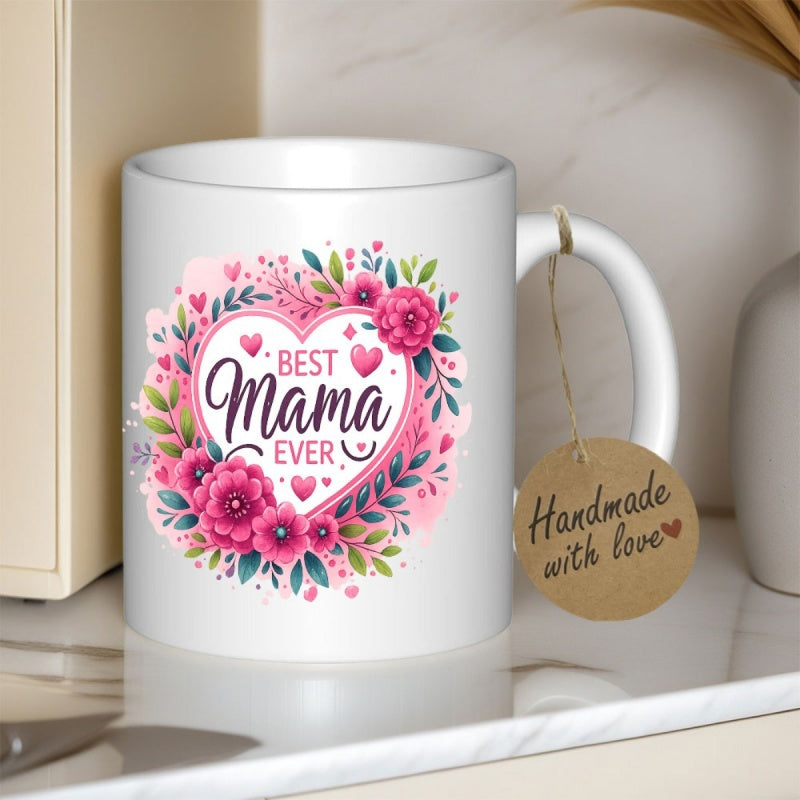 Tailorly White Ceramic 11 oz Mug - Best Mama Ever Elegant Pink Roses And Green Leaves Arranged In A Decorative Heart Floral Heart