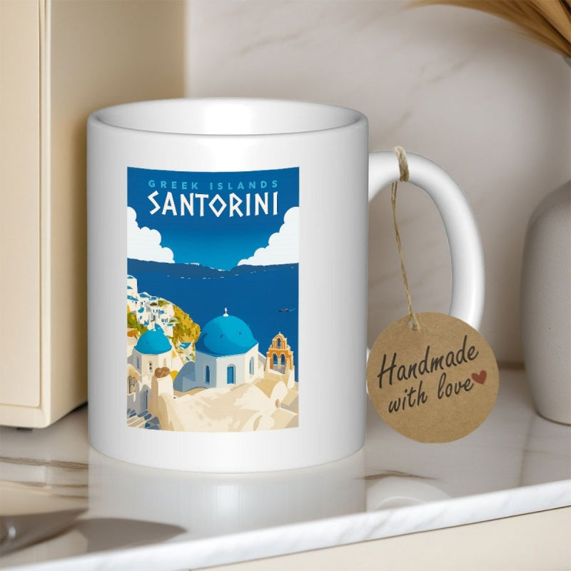 Tailorly White Ceramic 11 oz Mug - Greek Islands Santorini Iconic Blue Dome Churches Overlooking Deep Blue Mediterranean Sea Coast Scenery