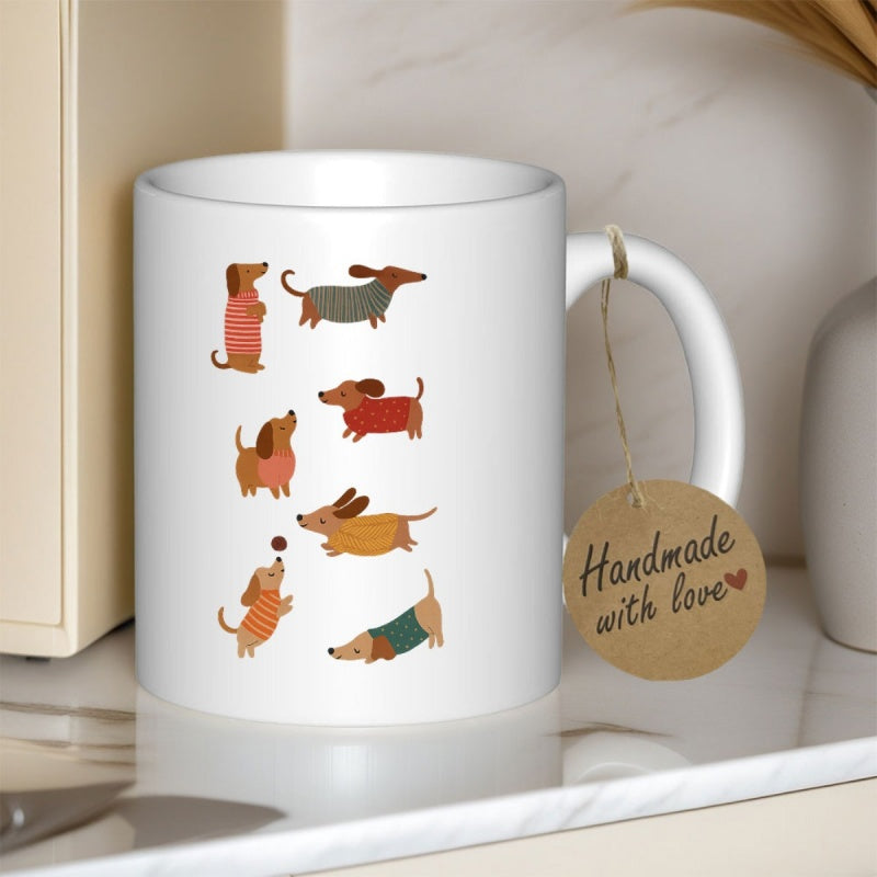 Tailorly White Ceramic 11 oz Mug - Handmade With Love Adorable Little Brown Sausage Dogs Playing And Stretching Across Ceramic Dachshund