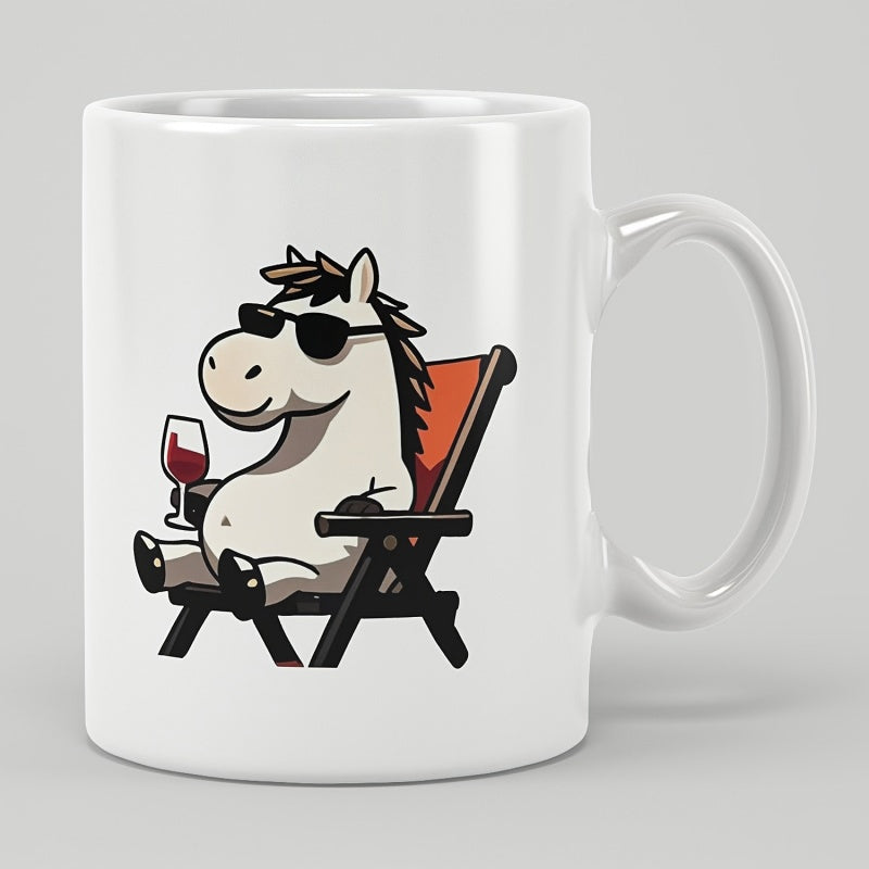 Tailorly White Ceramic 11 oz Mug - Relaxing Cartoon Character Wearing Sunglasses In Beach Chair Drinking Wine Horse