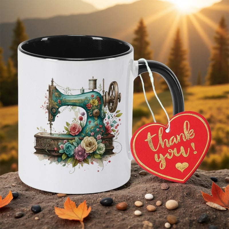 Tailorly Black Accent 11 oz Mug - floral pattern and vintage sewing elements