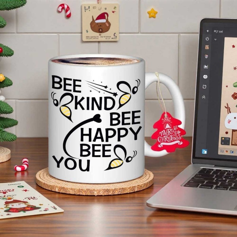 Tailorly White Ceramic 11 oz Mug - Bee Kind Bee Happy Bee You Simple Cartoon Honeybees Flying With Dashed Paths Near Motivational Quotes Bee