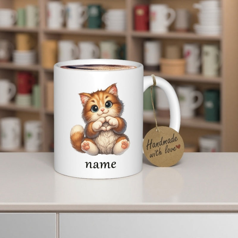 Tailorly White Ceramic 11 oz Mug - Handmade With Love Charming Ginger Kitten Making Heart Shape Sitting Cat