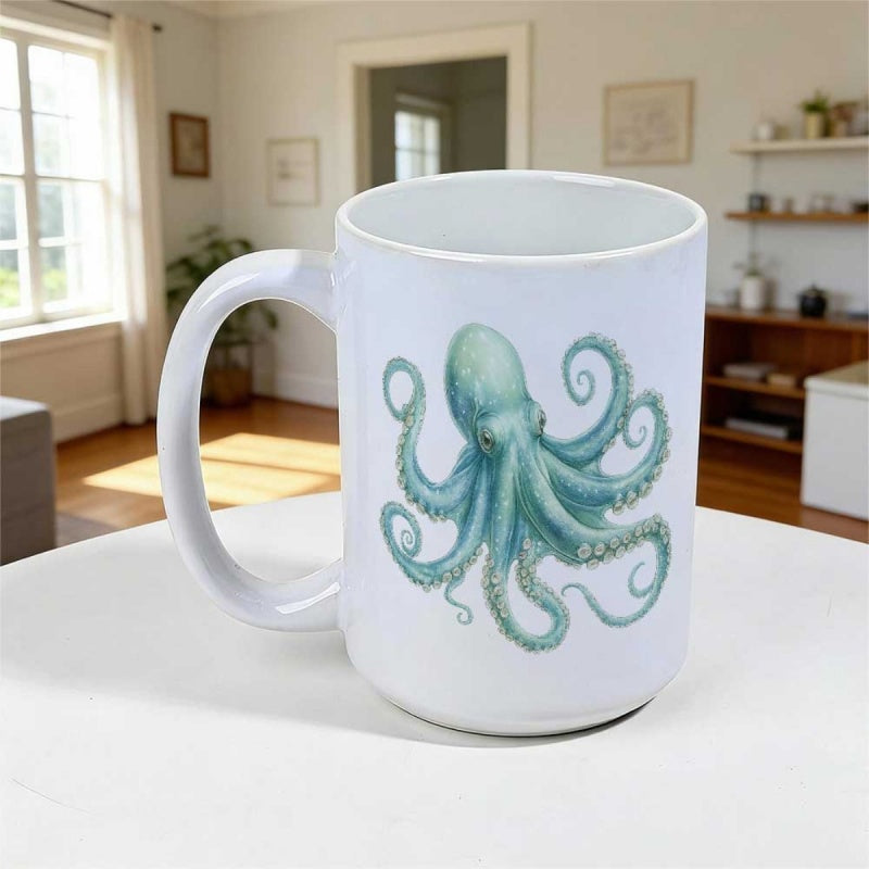 Tailorly White Ceramic 11 oz Mug - Ethereal Blue Watercolor Illustration Of A Graceful Sea Creature Octopus