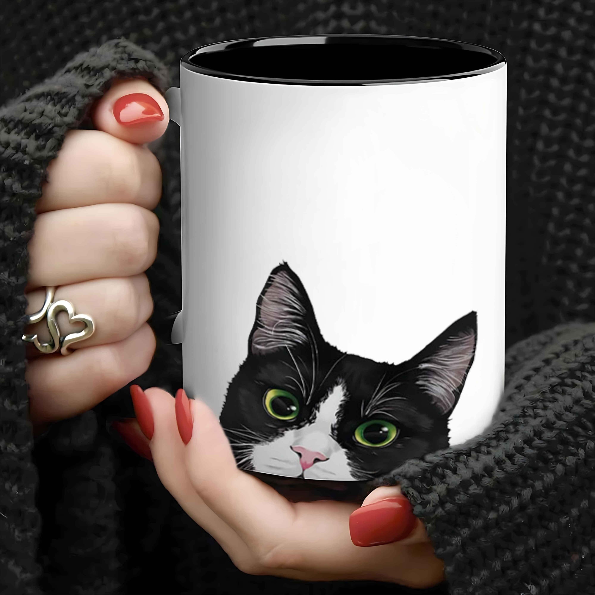 Tailorly Black Accent 11 oz Mug - Tuxedo Cat