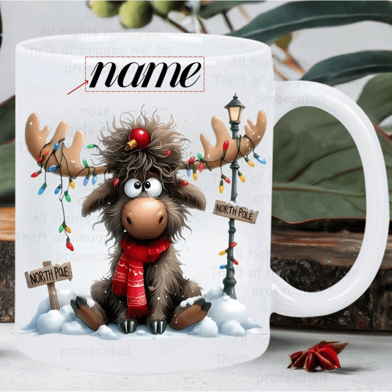 Tailorly White Ceramic 11 oz Mug - Name North Pole Cute Quirky Animal Tangled In Festive Colorful Lights Sitting On Snowy Ground Reindeer