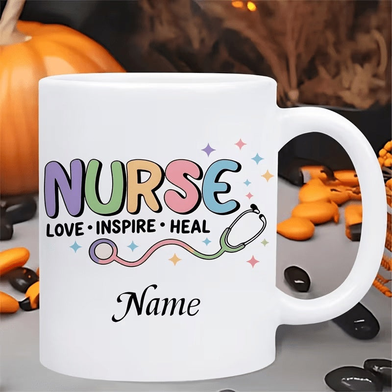 Tailorly White Ceramic 11 oz Mug - Nurse Love Inspire Heal Vibrant Rainbow Colors Surrounded By Twinkling Decorative Stars Stethoscope