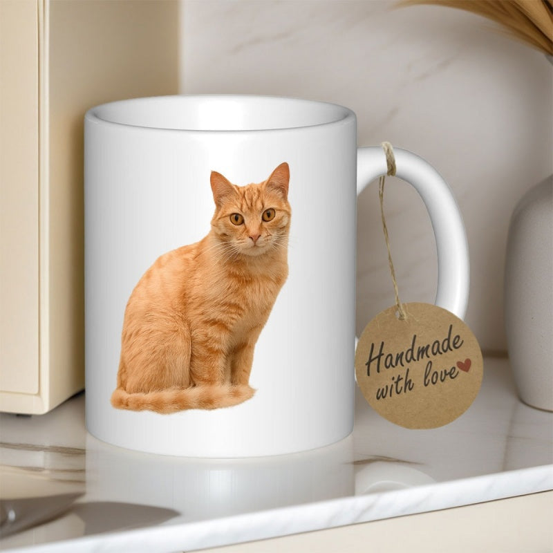 Tailorly White Ceramic 11 oz Mug - Vivid Ginger Tabby Sitting Gracefully With Alert Ears And Gentle Eyes Cat