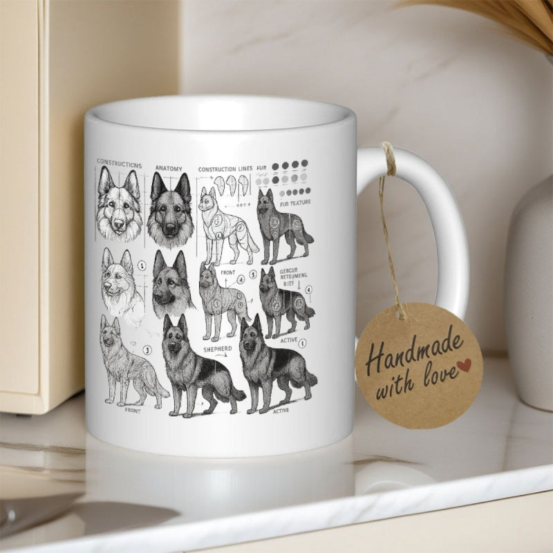 Tailorly White Ceramic 11 oz Mug - Detailed Scientific Illustrations Showing Various Dog Coat Colors And Poses German Shepherd