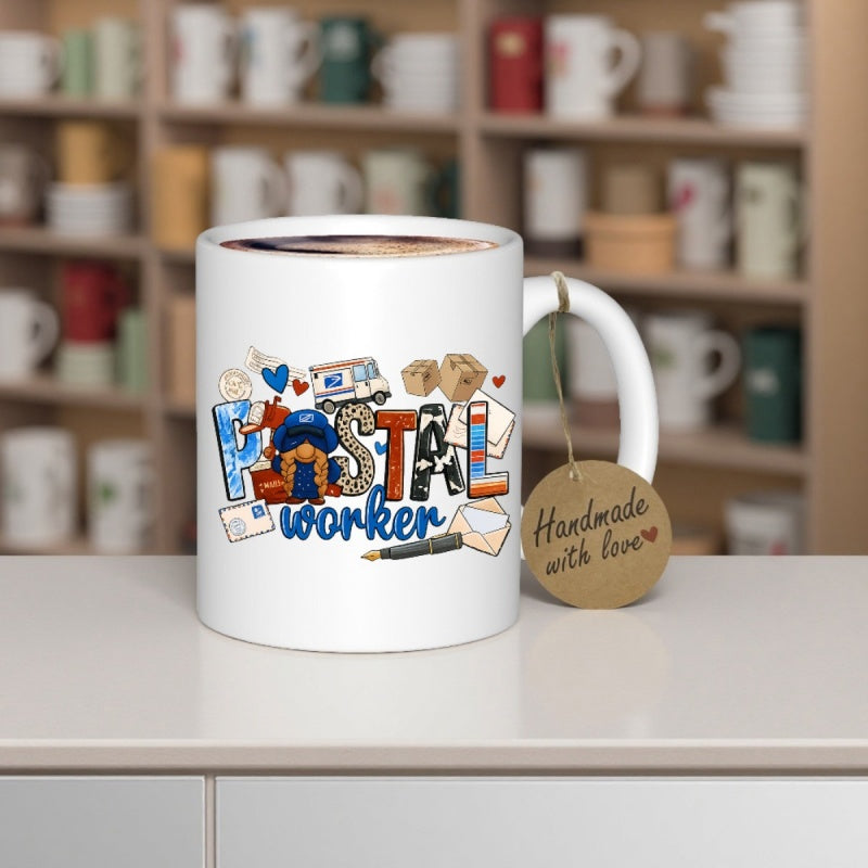 Tailorly White Ceramic 11 oz Mug - Postal Worker Charming Gnome Delivering Mail Among Envelopes And Small Packages Gnome