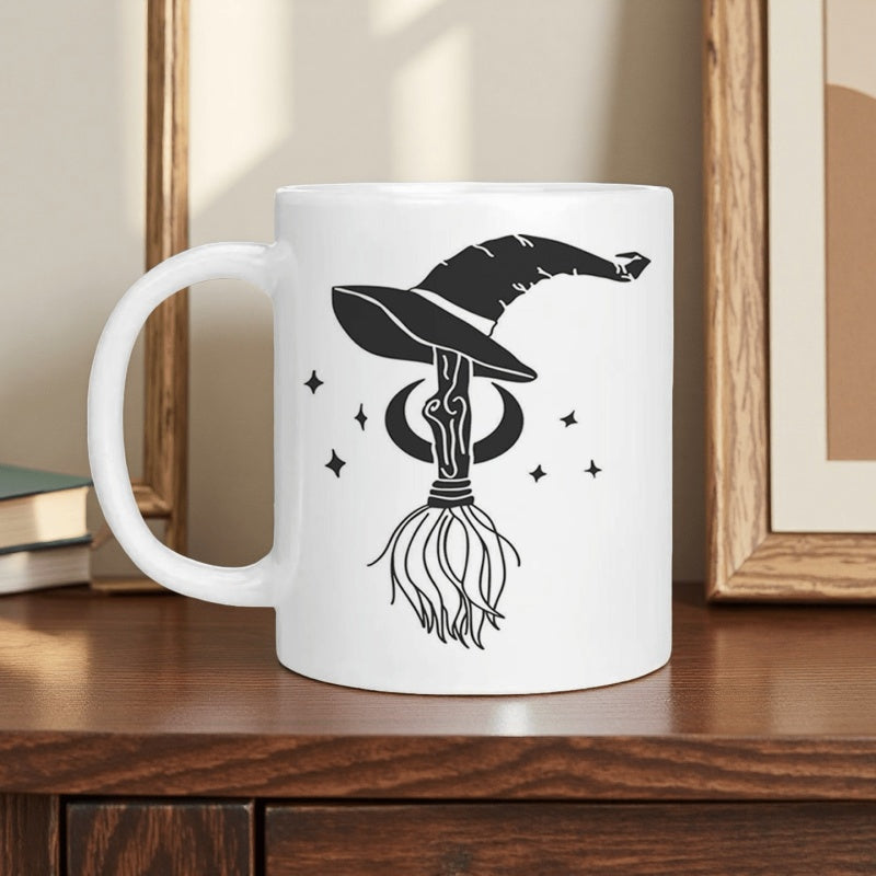 Tailorly White Ceramic 11 oz Mug - Pointed Witch Hat With Crescent Moon And Sparkling Stars Over A Broomstick