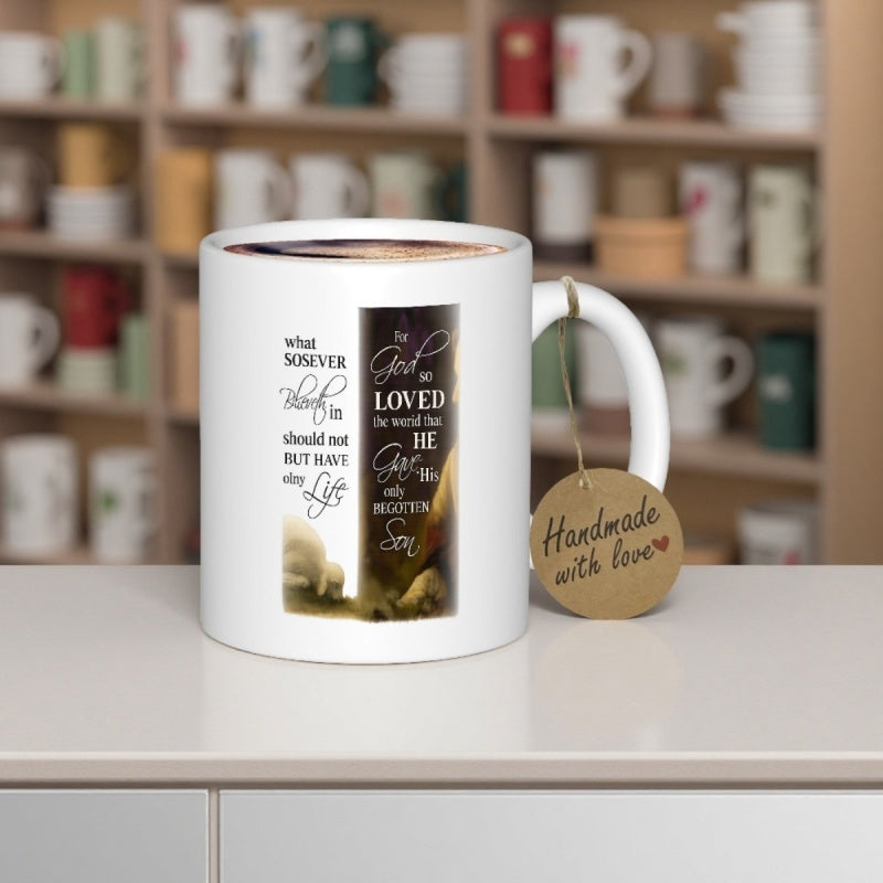 Tailorly White Ceramic 11 oz Mug - For God So Loved The World Eternal Life Elegant Religious Elements Featuring Graceful Script Within Ornate Vertical Decorative
