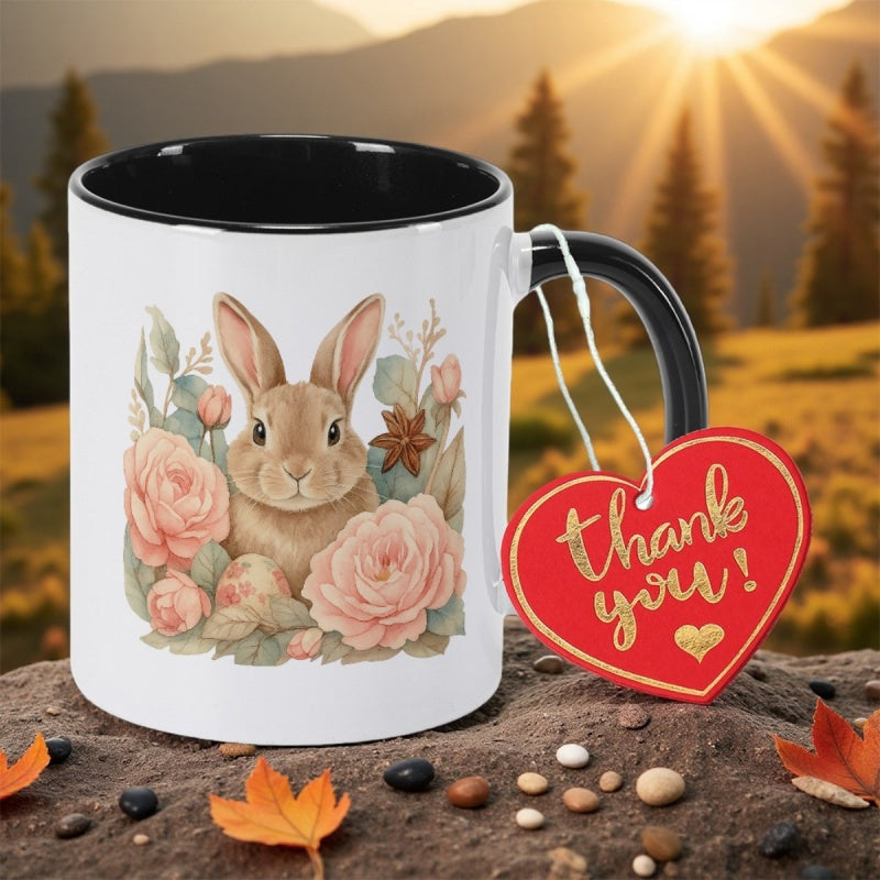 Tailorly Black Accent 11 oz Mug - rabbit floral print