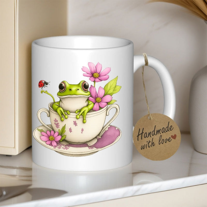 Tailorly White Ceramic 11 oz Mug - Handmade With Love Adorable Green Frog Resting Inside White Ceramic Teacup With Blossoming Pink Flowers Frog