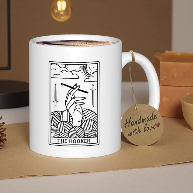 Tailorly White Ceramic 11 oz Mug - The Hooker Hand Holding A Crochet Hook Emerging From Balls Of Yarn Tarot Style Card