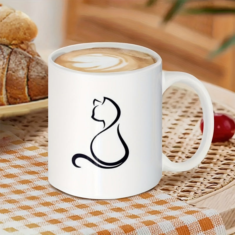 Tailorly White Ceramic 11 oz Mug - Elegant Minimalist Black Line Artistic Sitting Silhouette Pet Animal Cat