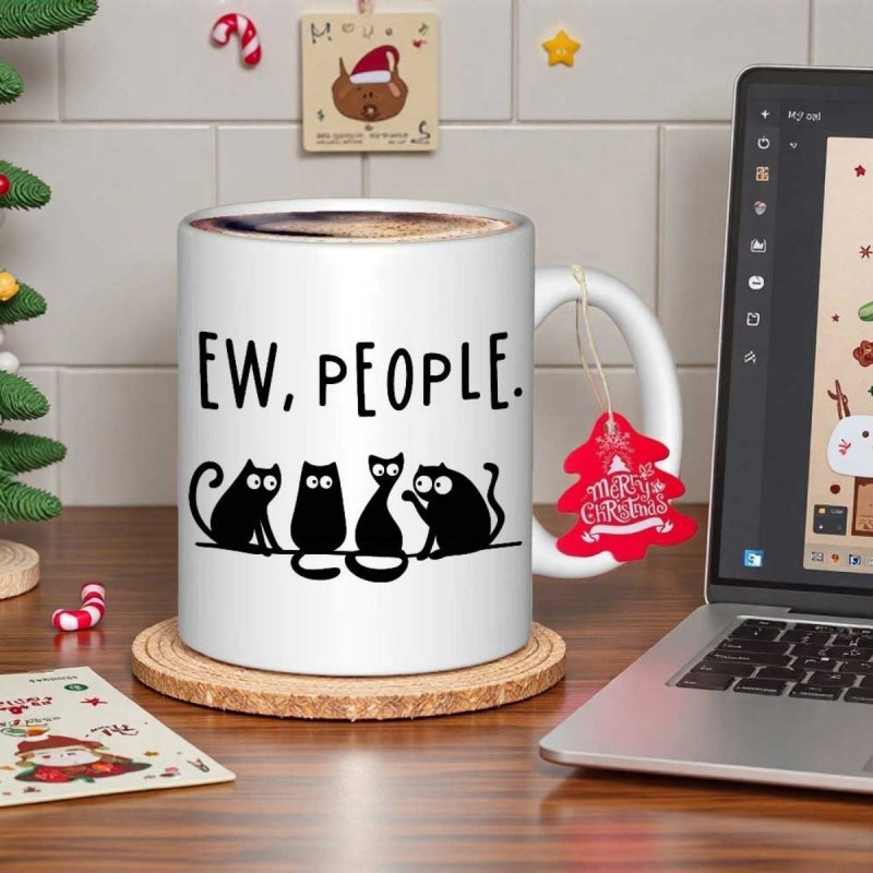 Tailorly White Ceramic 11 oz Mug - Ew People Four Funny Black Silhouette Kittens Sitting Together On A Thin Wire Line Cat