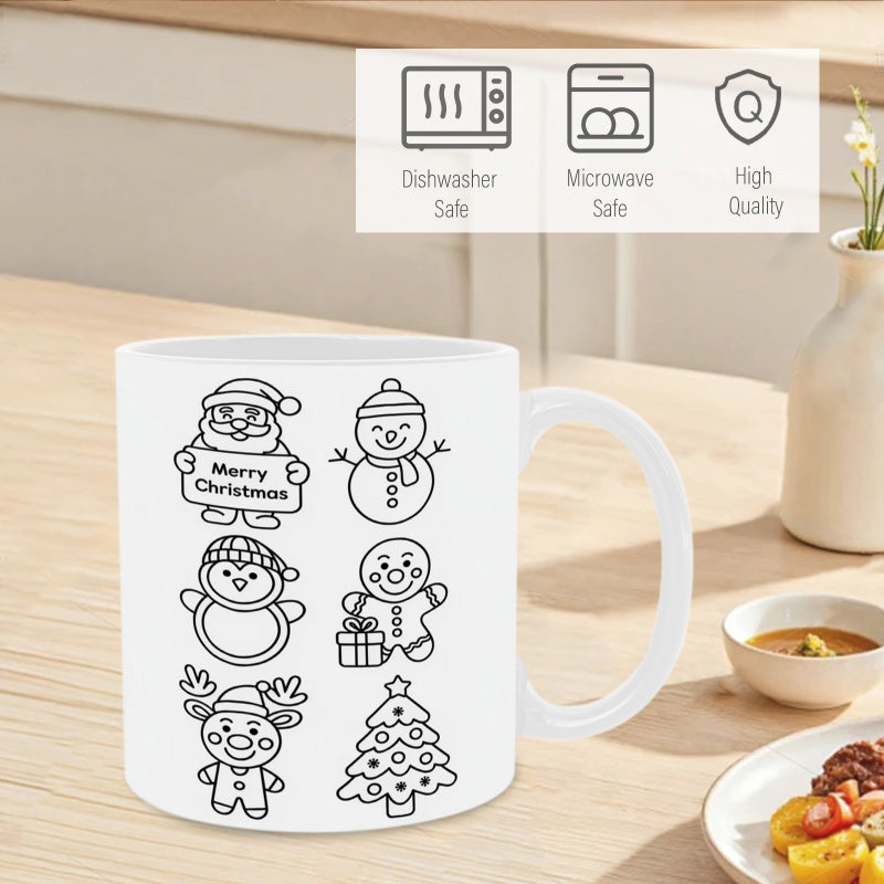 Tailorly White Ceramic 11 oz Mug - Merry Christmas Minimalist Black Line Drawing Featuring Santa Claus And Winter Patterns