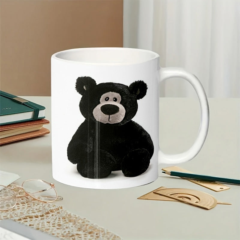 Tailorly White Ceramic 11 oz Mug - Soft Textured Plush Black Sitting Animal With A Friendly Grey Face Bear