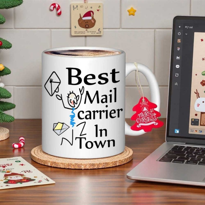 Tailorly White Ceramic 11 oz Mug - Best Mail Carrier In Town Whimsical Hand Drawn Figure Surrounded By Flying Envelopes Mailman