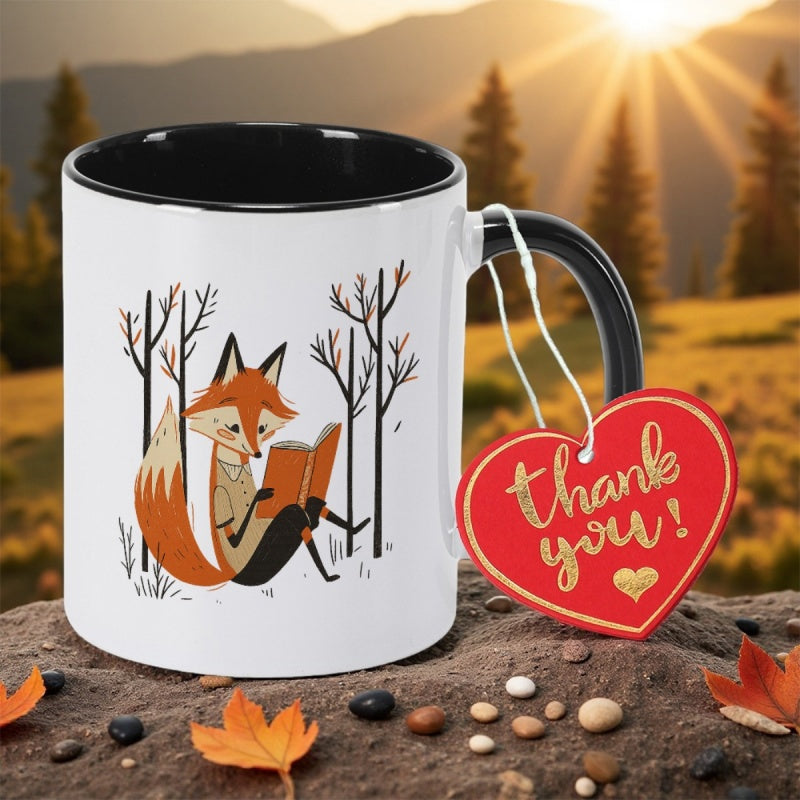 Tailorly Black Accent 11 oz Mug - an adorable fox reading a book