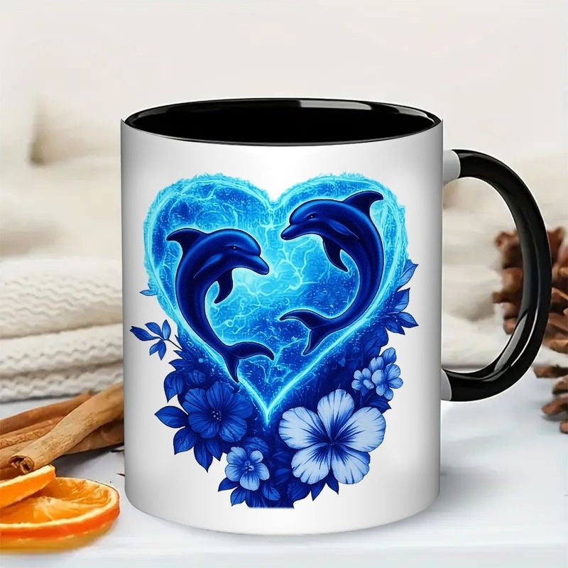 Tailorly Black Accent 11 oz Mug - dolphin heart shaped floral marine design